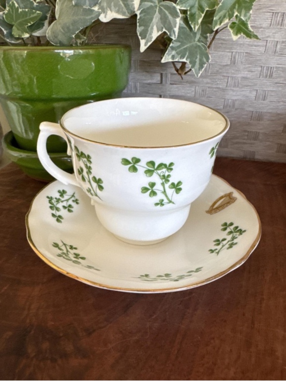 Vintage Arklow gold shamrock and harp china set with teacup and saucer